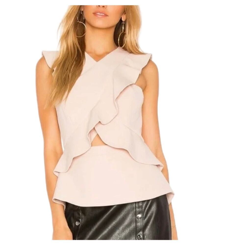 New BCBG Blush Pink Peplum Blouse Ruffle Front Opening Zip Back Feminine Med NWT
